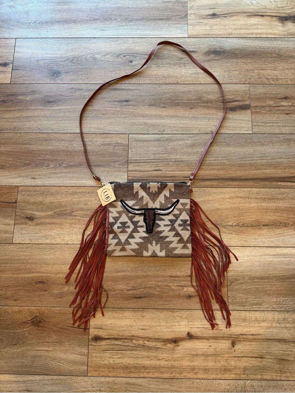 Western Aztec Boho Bull Skull Crossbody Fringe Bag NWT